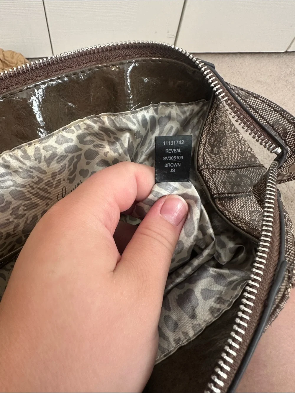 GUESS Brown Monogram Satchel Purse with Logo Plaque